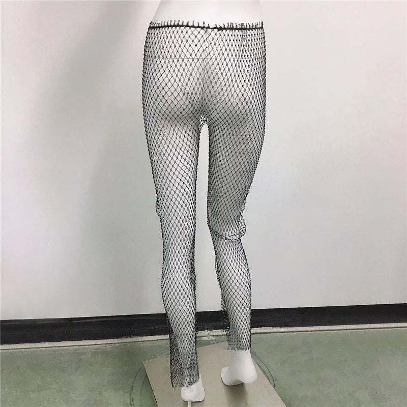 Sparkle Diamante Fishnet Shining Trousers Crystal Mesh Pants Rhinestone Leggings Sexy Hallow Out See Through Glitter Pants