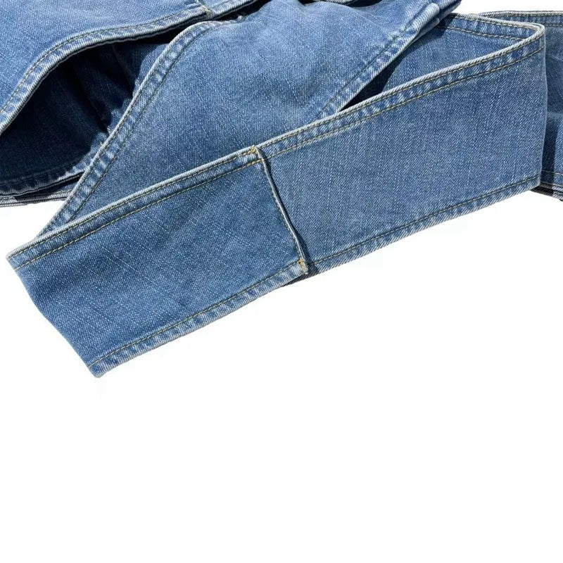 DEAT Mode Femmes Arcs Bandage Croisé Denim Camis Taille Haute Jambe Large Droite Streetwear Jeans Été 2024 Nouvelle Marée 33A1173