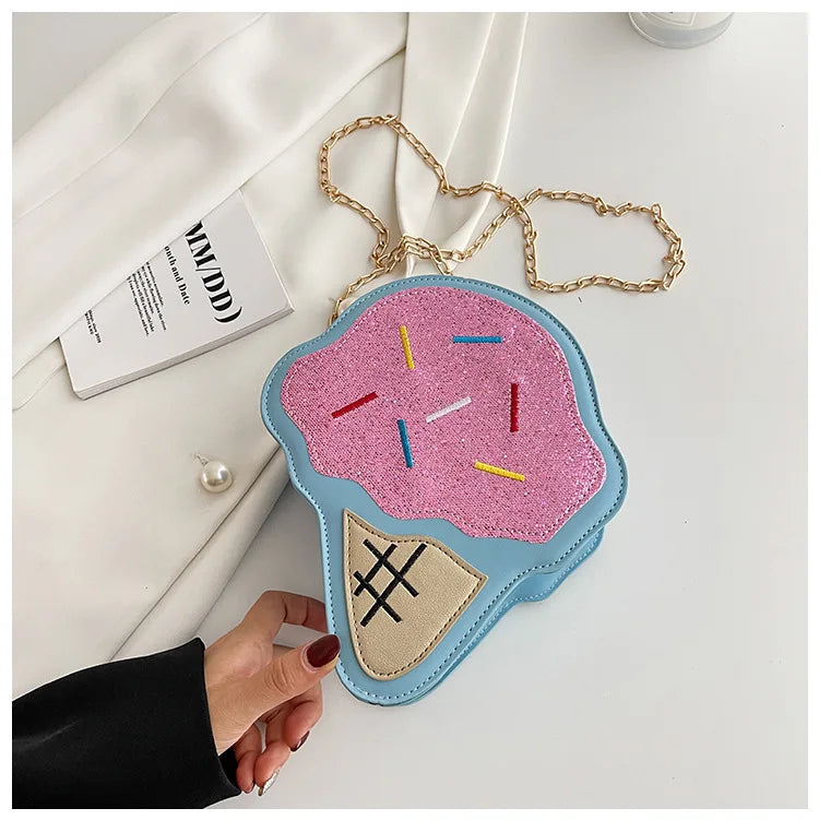 Ice CreamShape Shoulder Bag Style Cartoon Sequins Crossbody Bag Women Cute Chain Small Handbag