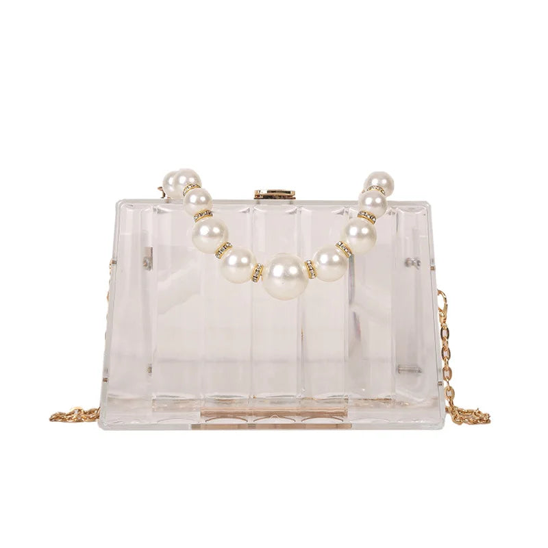 Bolso de mano transparente de acrílico para mujer, bolso cruzado transparente con correa de cadena de perlas extraíble