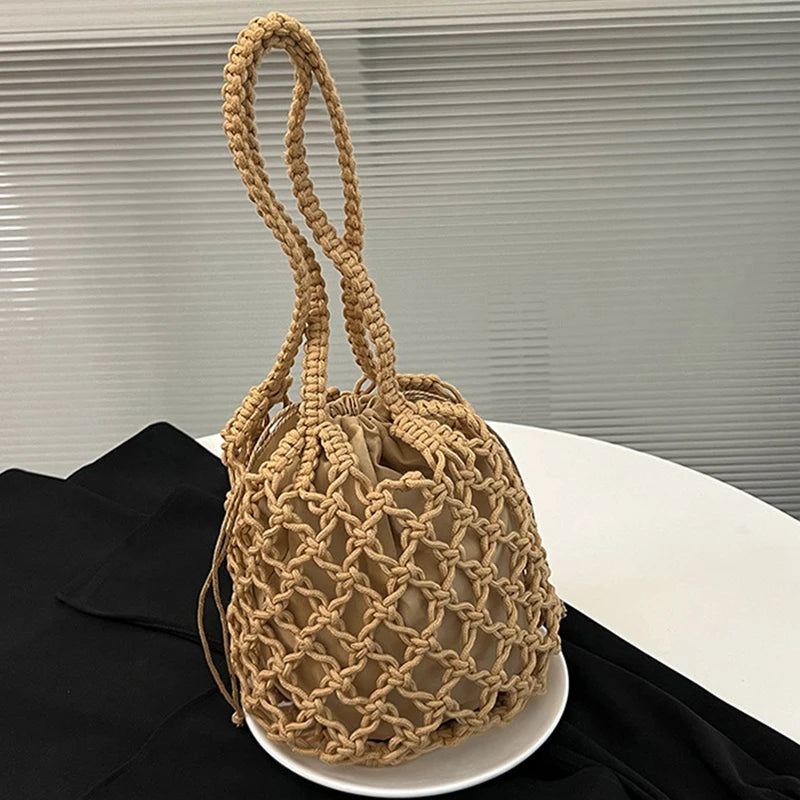 Bolso de playa de verano para mujer, bolso de hombro tipo cubo de punto con cuerda de malla, bolso de viaje con huecos reticulados, bolso de mano de moda para mujer