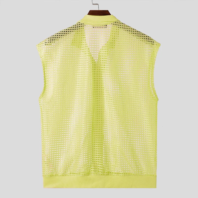 Chemise pour homme 2024, ajourée, maille transparente, solide, revers, sans manches, vêtements d'été pour hommes, streetwear, gilets décontractés, chemises INCERUN