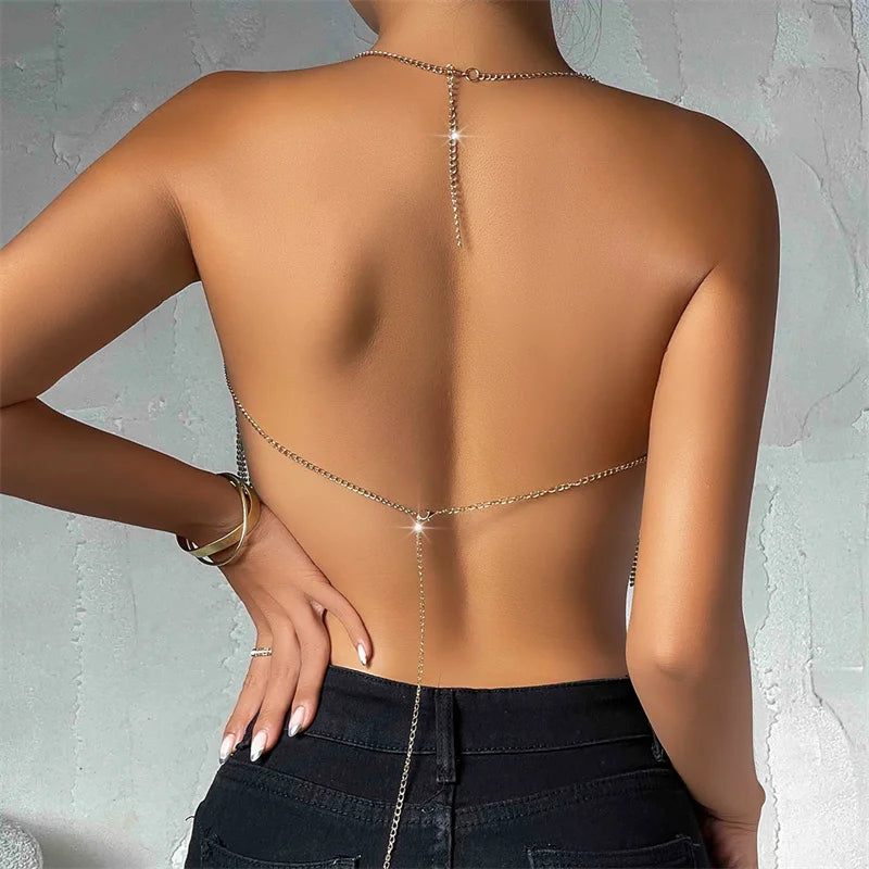 Top corto de fiesta con borlas y lentejuelas metálicas brillantes para mujer, diseño de cuello halter sin espalda, camisetas sin mangas de metal con lentejuelas, ropa de club nocturno