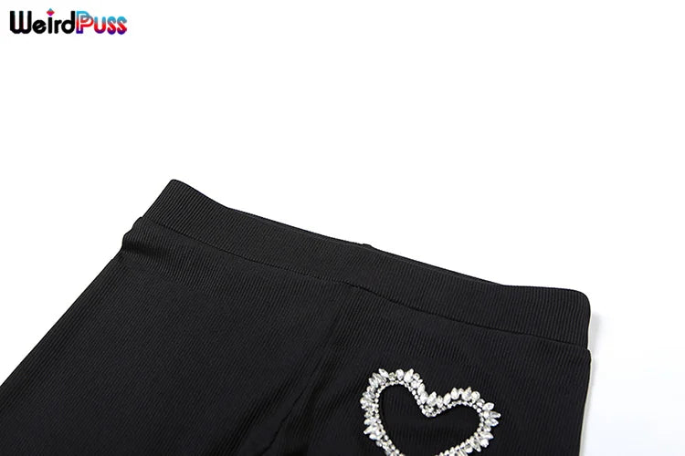 Conjunto de 2 piezas para mujer con escote en V y estampado de gato extraño, con diamantes de imitación, acanalado, ajustado, elástico, de manga larga, top corto y leggings a juego, ropa de calle