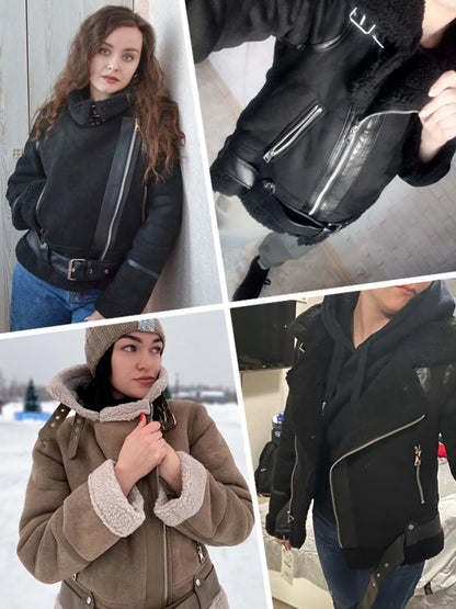 Suninheart - Chaqueta de piel de cordero gruesa y cálida de invierno para mujer, abrigo corto de piel de oveja sintética marrón para motocicleta, chaquetas de otoño