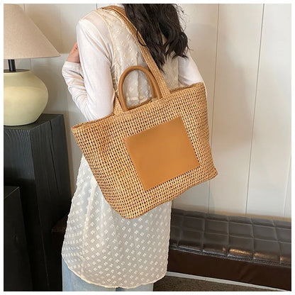 Casual Large Capacity Straw Tote Bag Hollow Paper Weave Women Shoulder Bags Handmade Summer Beach Handbag Big Bali Shopper Purse