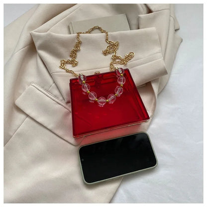 Summer Transparent Box Bag Female Small Pearl Handle Clear Shoulder Bag Chain Acrylic Dinner Bag