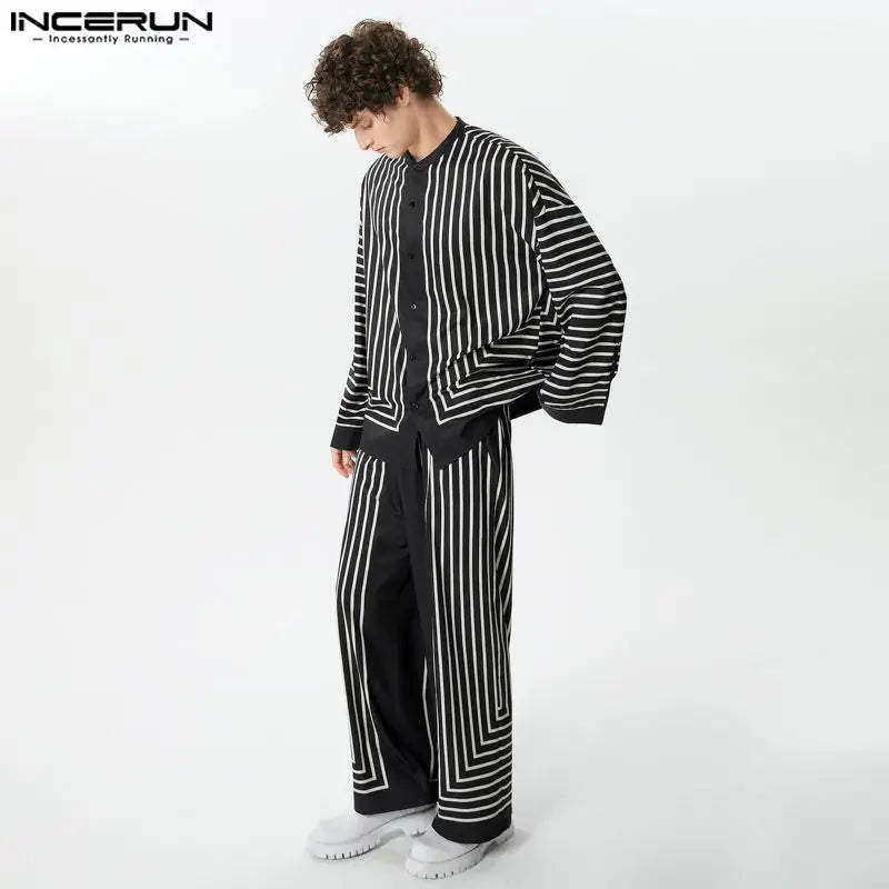 2024 Hommes Rayé Ensembles Col En V Manches Longues Chemise Et Pantalon Deux Pièces Ensembles Streetwear Lâche Mode Hommes Costumes Décontractés S-5XL INCERUN