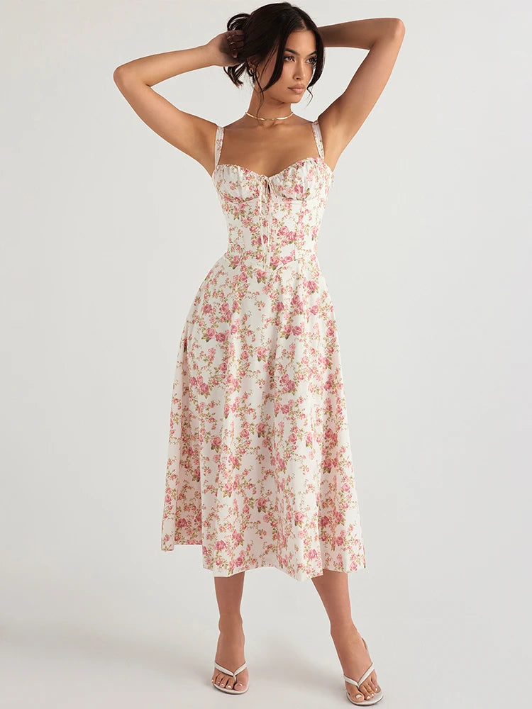 Suninheart Robe d'été à imprimé floral pour femme, douce et élégante, mi-longue, robe de vacances décontractée, fente, bleue, à lacets, 2023