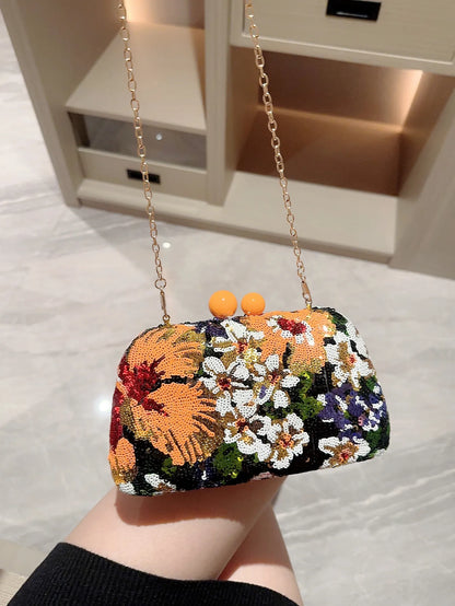 Bolso de mano con lentejuelas y clip para mujer, bandolera con bordado de flores, estilo vintage, para fiestas de noche