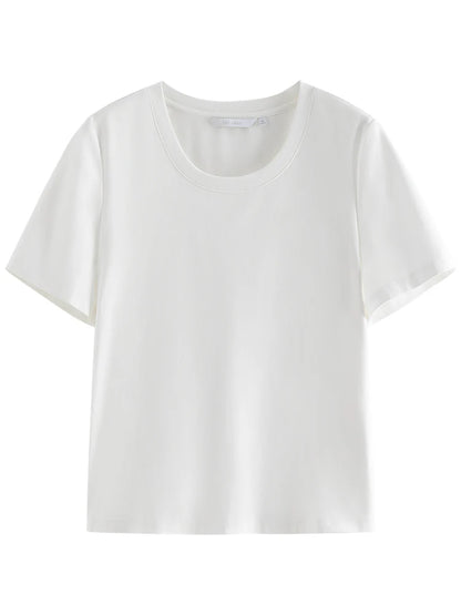 FSLE White Slim All-match Short-sleeve T-shirt for Women Spring Summer Basic Round Neck Bottoming Top Female 24FS11210+24FS11209