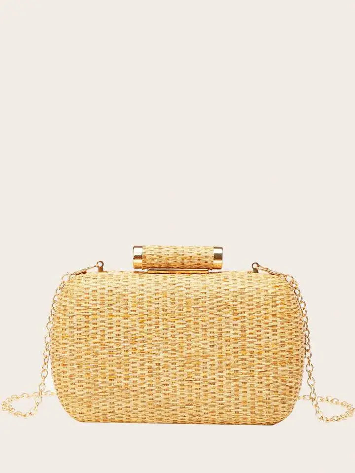 Fashion Mini Minimalist Braided Design Straw Bag Summer Party Purses Vintage Beach Bags Box Chains Shoulder Crossbody Bag 2024