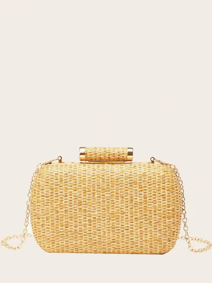 Fashion Mini Minimalist Braided Design Straw Bag Summer Party Purses Vintage Beach Bags Box Chains Shoulder Crossbody Bag 2024