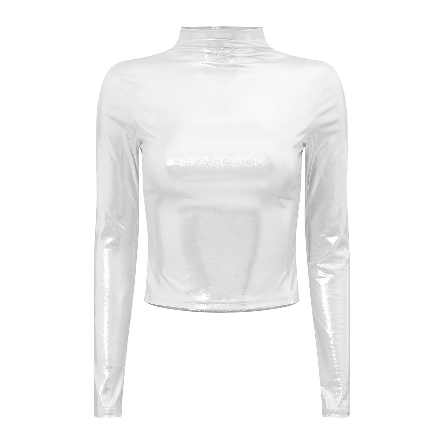 Womens y2k T-shirt 2024 Fashion Shiny Metallic Long Sleeve Mock Neck Slim Fit Tops Disco Party Clubwear Streetwear Popular Cloth