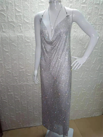 Robe de soirée longue et élégante en cristal pailleté pour femme, robe de soirée sexy dos nu, licou, scintillante, fendue haute