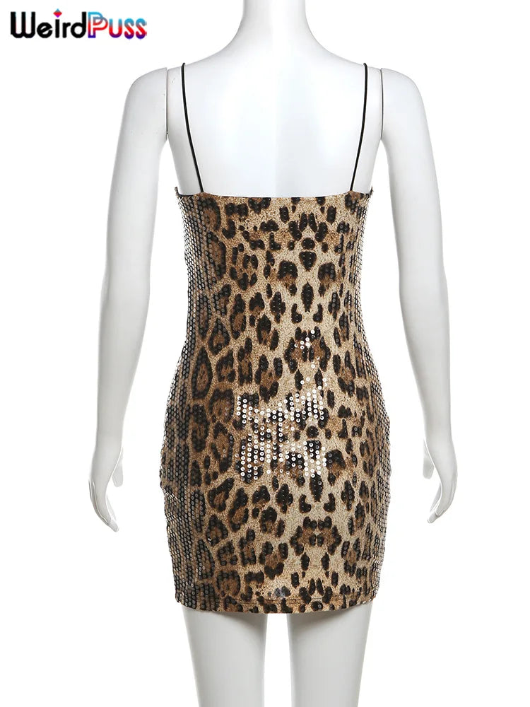 Vestido sexy con estampado de leopardo y gatito extraño para mujer, con lentejuelas, estilo hipster, a la moda, ajustado, elástico, para fiesta de medianoche, para discoteca, ajustado