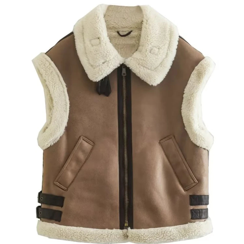 Suninheart Femmes 2022 Automne Fausse Fourrure Gilet Manteau Chaud Vintage Femme Gilets Manteau Nude Fermeture Éclair Veste Sans Manches Nouveau dans Vêtements D'extérieur