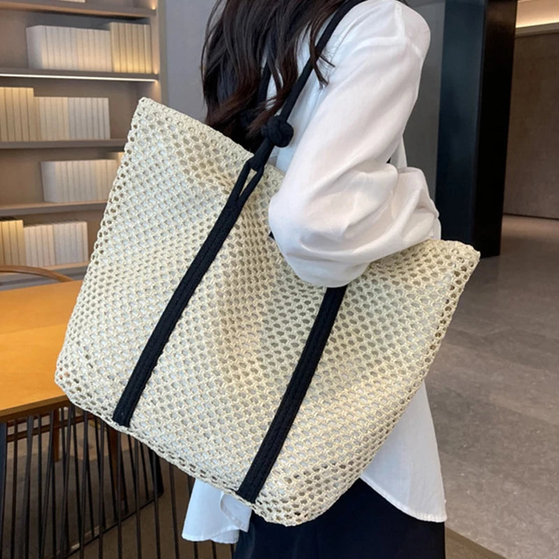 Casual Hollow Out Large Capacity Straw Tote Bag Weave Women Shoulder Bags Handmade Summer Beach Handbags Big Shopper Purses 2024