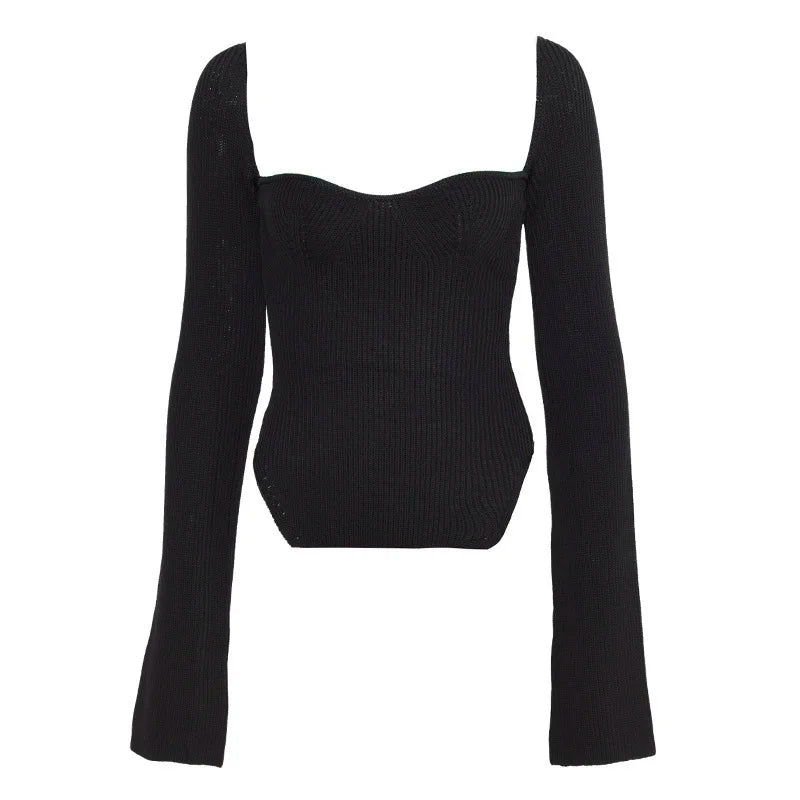 DEAT 2024 new Autumn and Fit fashion women clothes cashmere sqaure collar full sleeves elastic high waist sexy pullover WK080