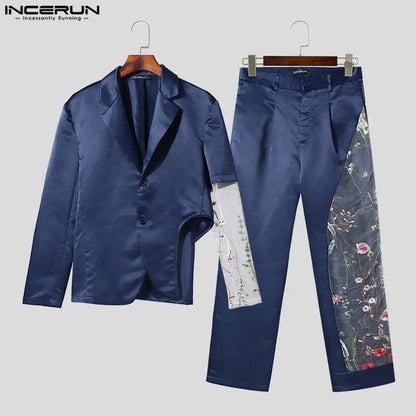 2023 Fashion Men Sets Embroidery Mesh Patchwork Lapel Long Sleeve Blazer & Pants 2PCS Streetwear Men Casual Suits S-5XL INCERUN