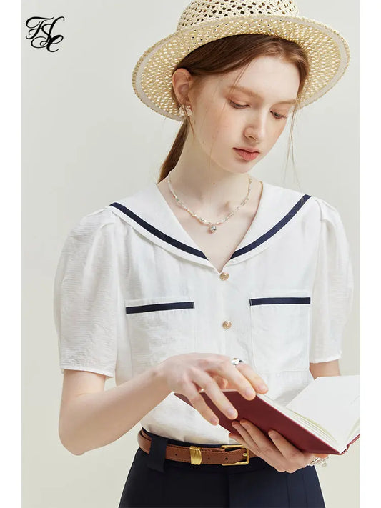 FSLE Simple Style Navy Collar French Short-sleeved Shirt for Women Summer New All-match Casual Navy sense Top Shirt Female