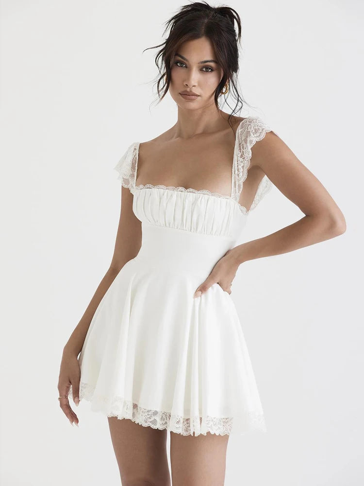 Robe blanche sexy en dentelle courte pour femme, tenue de soirée, de club, de vacances, décontractée, mini, douce, à lacets dans le dos, pour anniversaire, 2022