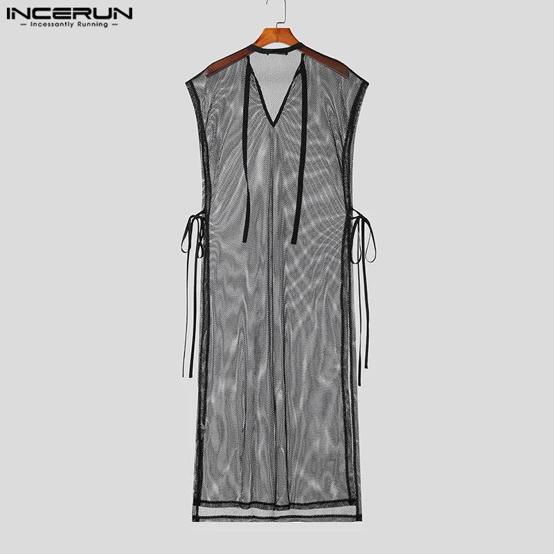 Hauts de style décontracté élégant INCERUN pour hommes Sexy Transparent Mesh Long-style Débardeurs Homme Col en V Sangle Sans Manches Gilets Minces S-5XL