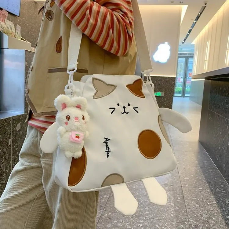 Japanese Style Kawaii Bags For Women Nylon Crossbody Bags New Cartoon Cat Embroidery Shoulder Bag Large Capacity Student Handbag