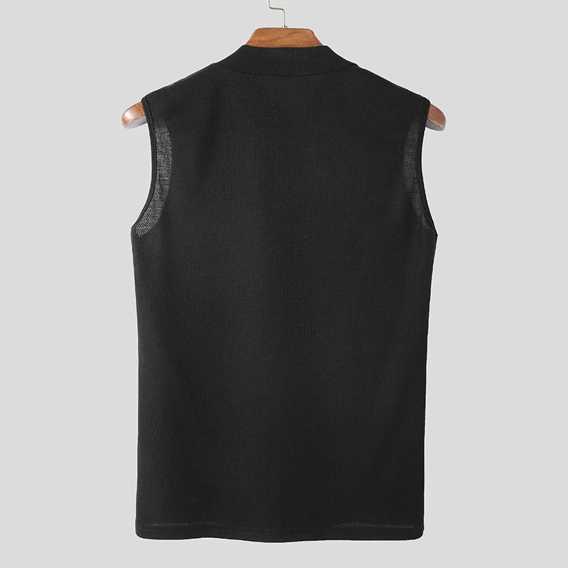 2023 Fashion Men's Tank Tops Turtleneck Sleeveless Streetwear Casual Vests Solid Color Party Nightclub Skinny Tops INCERUN S-5XL