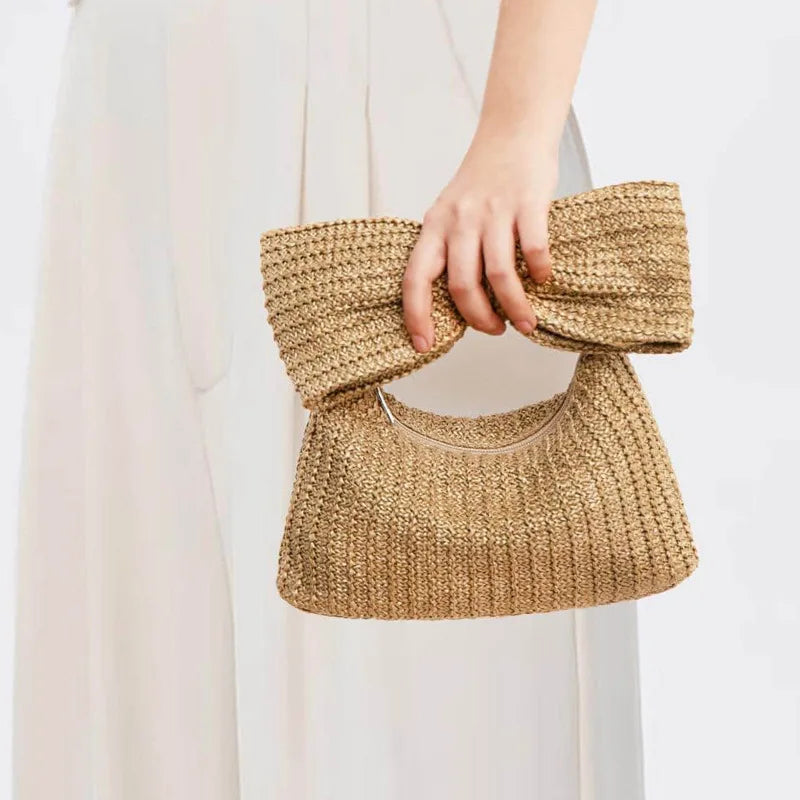 Bolso de mano de paja tejida con lazo de moda para mujer, bonitos bolsos pequeños, bolsos de playa casuales de verano, elegantes minimonederos para vacaciones 2024