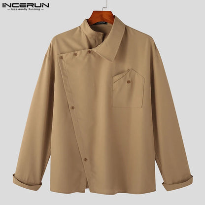 Camisa irregular para hombre 2023, color sólido, cuello alto, suelta, manga larga, ropa informal para hombre, ropa de calle, camisas de moda para hombre INCERUN