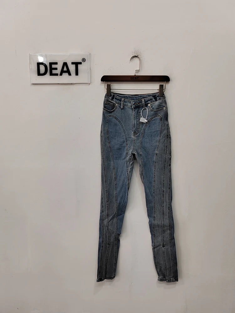 DEAT Fashion Women's Jeans Slim Deconstruct Panelled Patchwork High Waist Split Blue Long Denim Pants Spring 2024 New 1DF2575