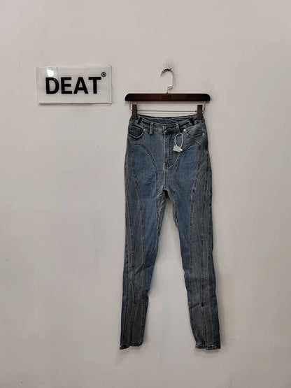 DEAT Fashion Women's Jeans Slim Deconstruct Panelled Patchwork High Waist Split Blue Long Denim Pants Spring 2024 New 1DF2575