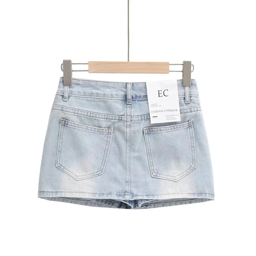 DEAT Mode Femmes Jupe A-ligne Épissé UltraShort Denim Poche Taille Haute Mince Couleur Unie Jupes Printemps 2024 Tendance Nouvelle 17A5641