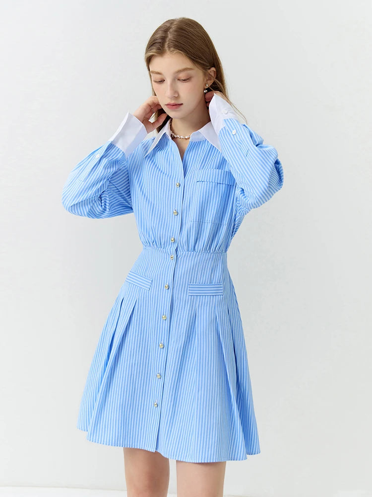 FSLE Polo Neck Women Autumn Long Sleeve Shirt Dresses High Waist Back Elastic Waist Design Women Above-Knee Length Stripe Dress