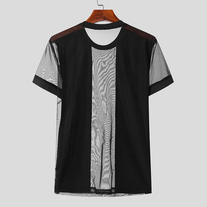 2023 Camiseta para hombre, ropa de calle de retazos de malla, cuello redondo, manga corta, transparente, camisetas sexis de moda para hombre, ropa S-5XL INCERUN