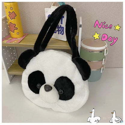 Bolsos de hombro de peluche para adolescentes, diseño kawaii, con forma de cabeza de panda, elegantes y suaves, para compras, portátiles