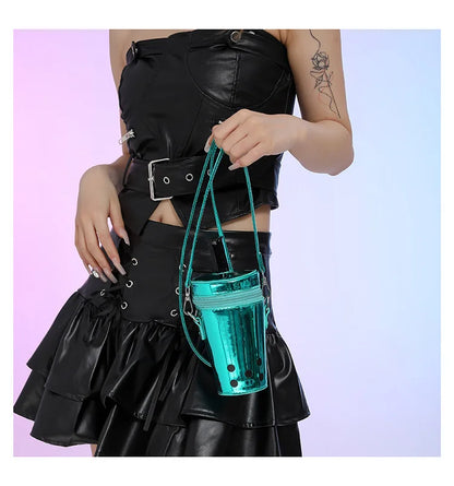 Bolso de hombro divertido para mujer, lindo bolso bandolera pequeño con forma de taza, bolso láser