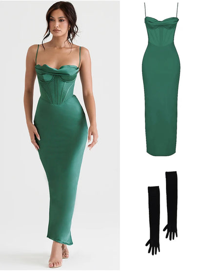 Vestido maxi verde ajustado sexy para eventos de celebridades, vestidos de fiesta de noche de graduación, vestidos de satén con cuello en V y tirantes finos para mujer, verano 2022