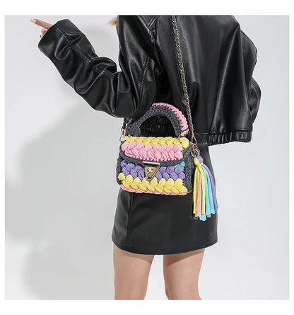 Fashion Colorful Crochet Women Handbags Trend Handmade Woven Chains Shoulder Crossbody Bag Small Flap Female Purses 2024