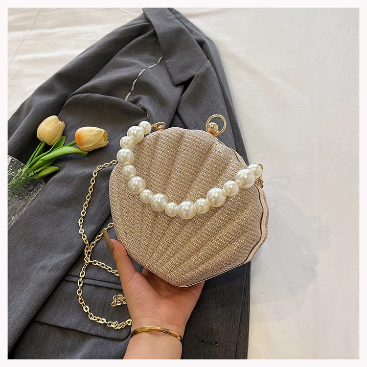 Bolso de hombro estilo marca, bolso de concha con cadena de perlas, bolso cruzado de lentejuelas de moda para mujer, bolso de noche