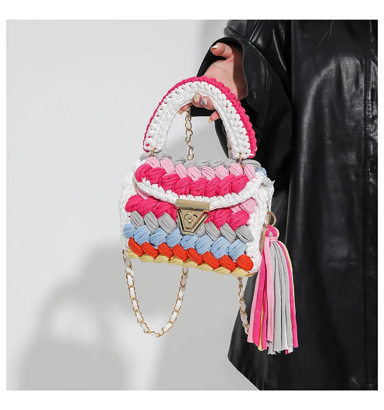 Fashion Colorful Crochet Women Handbags Trend Handmade Woven Chains Shoulder Crossbody Bag Small Flap Female Purses 2024