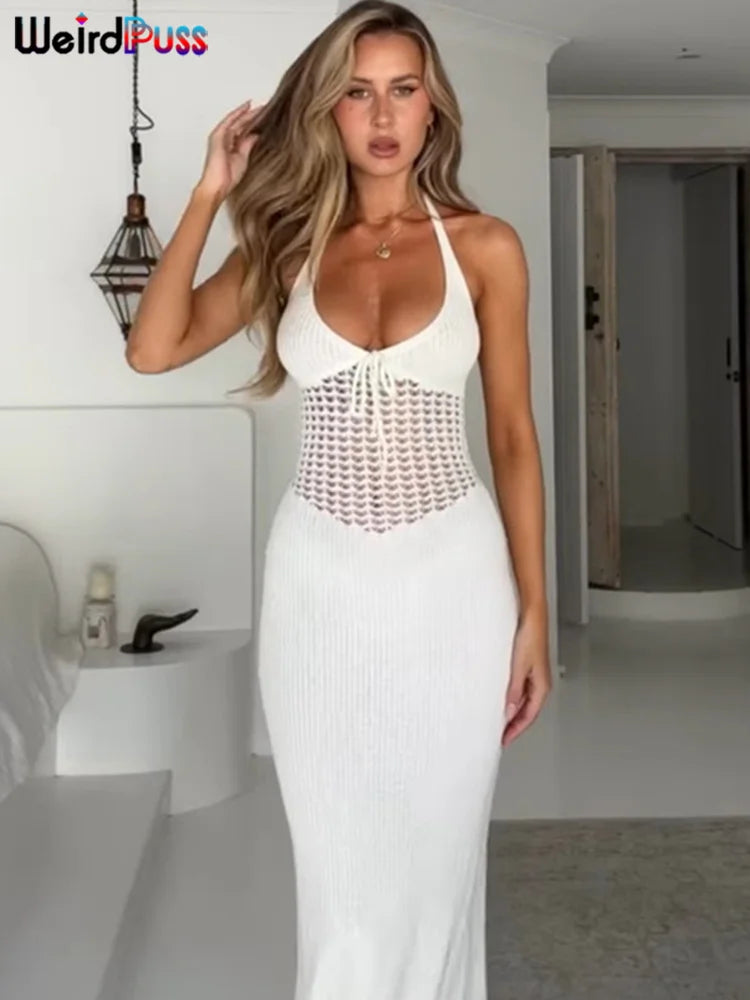 Vestido de mujer transparente de crochet con escote en V y espalda descubierta con tiras elásticas y escote halter, vestido sexy de verano 2024 para citas y vacaciones