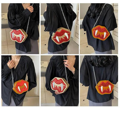 Bolsos cruzados pequeños para mujer, bolso de mano con lentejuelas, moda femenina, lindo bolso de cadena con boca roja, nuevo bolso de hombro 2024 para mujer