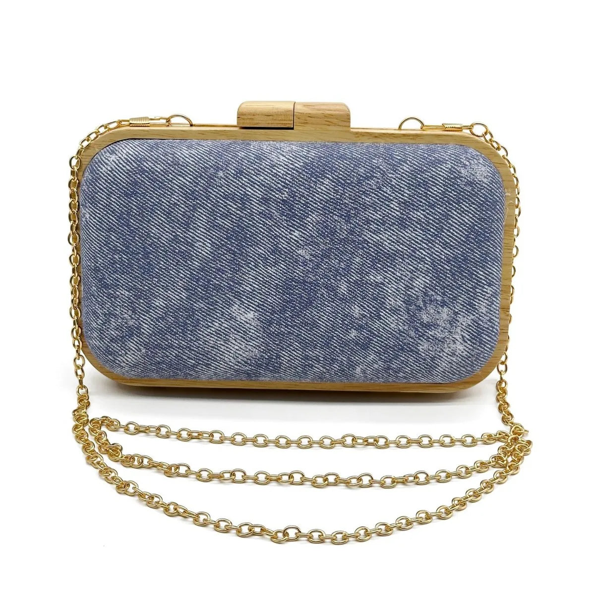 Pochette vintage en denim délavé pour femme, sac à bandoulière avec chaîne, sac à main tendance avec clip en bois, sac de soirée, sac de mariage