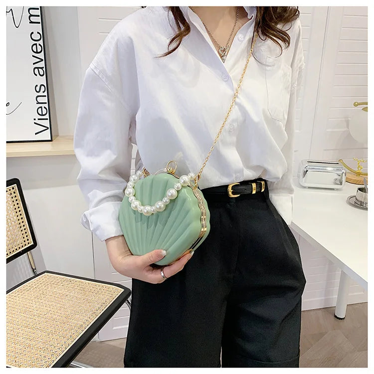 Fashion Shell Design Women Shoulder Bags Pearls Handle Lady Handbags Candy Color Pu Leather Crossbody Bag Small Female Purses