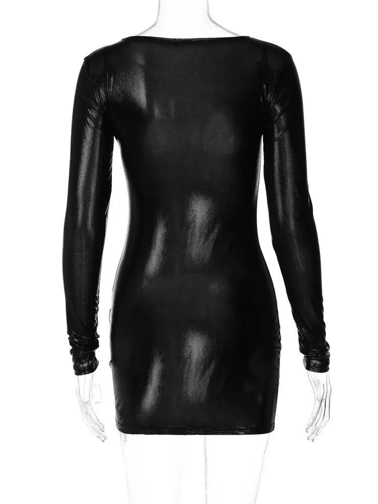 Dulzura Faux Leather Long Sleeve Mini Dress For Women Bodycon Sexy Party Streetwear Clubwear Spring Summer Y2K Outfits Wholesale