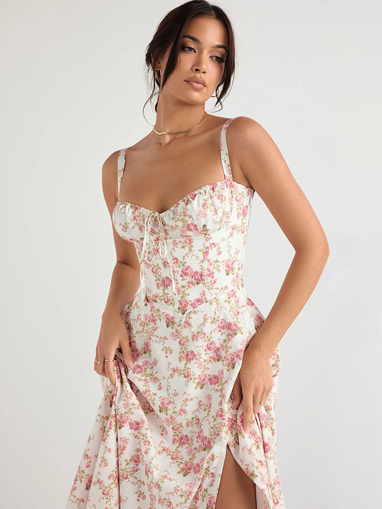 Suninheart - Vestidos de verano con estampado floral para mujer, elegantes y dulces vestidos de fiesta midi informales con aberturas azules y cordones 2023