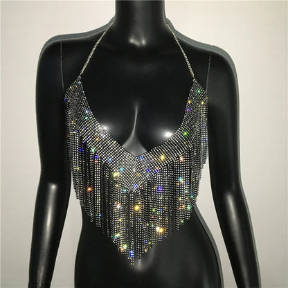 Chaleco con cuello halter y brillantes diamantes de imitación para mujer, top sexy de playa con borlas y cadena sin espalda para mujer, top corto calado para fiesta 2023