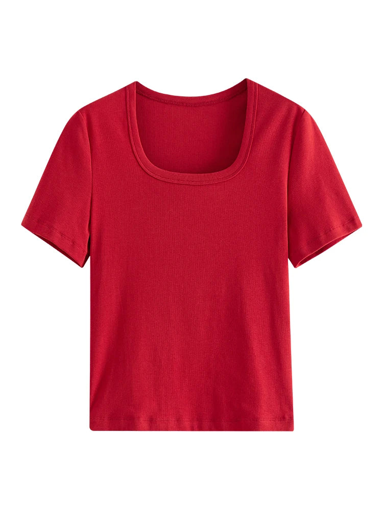 FSLE【4 colores】Camiseta informal de verano gris con cuello redondo para mujer, camisetas elásticas de manga corta con cuello cuadrado de algodón negro 24FS12797+24FS12798